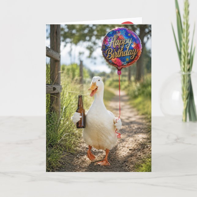 Tarjeta Pato de cumpleaños con una cerveza y globo (Anverso)