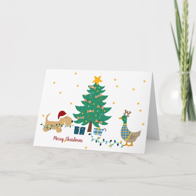 Tarjeta Pato y perro con árbol de Navidad (Anverso)