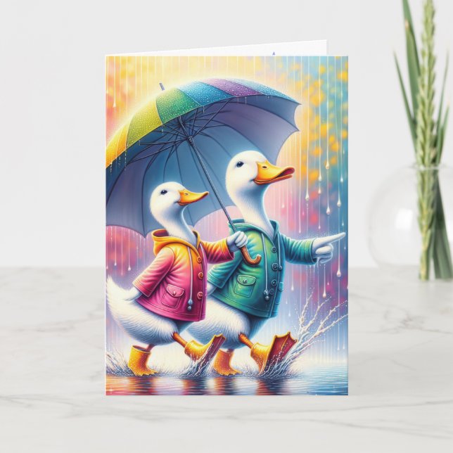 Tarjeta Patos De Cumpleaños Caminando Por La Lluvia (Anverso)