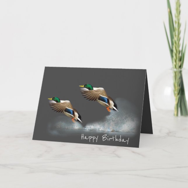 Tarjeta Patos Mallard De Cumpleaños Volando Sobre El Agua (Anverso)