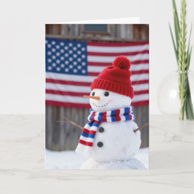 Tarjeta Patriotic Christmas Snowman With American Flag (Anverso)