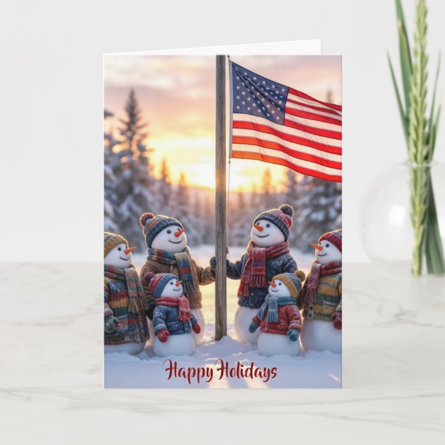 Tarjeta Patriotic Snowman Family With American Flag (Anverso)