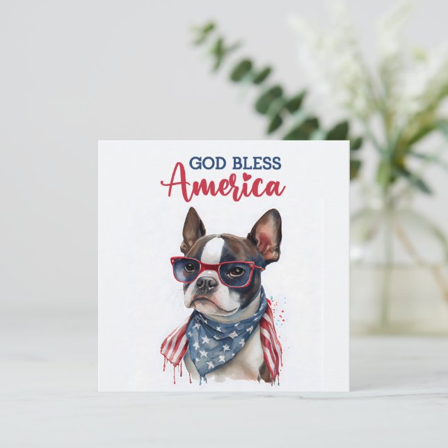 Tarjeta Patriótica Perro-Boston Terrier 4 de Julio (Anverso de pie)