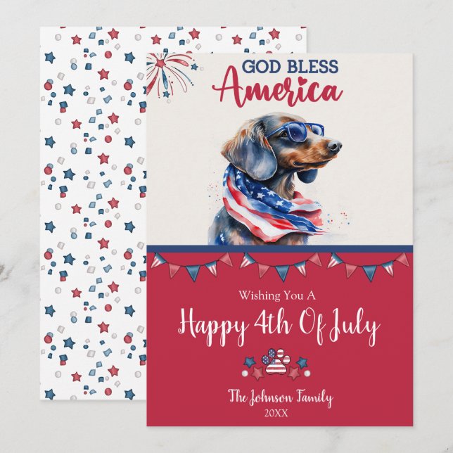 Tarjeta Patriótica Perro-Dachshund 4 de julio (Anverso / Reverso)
