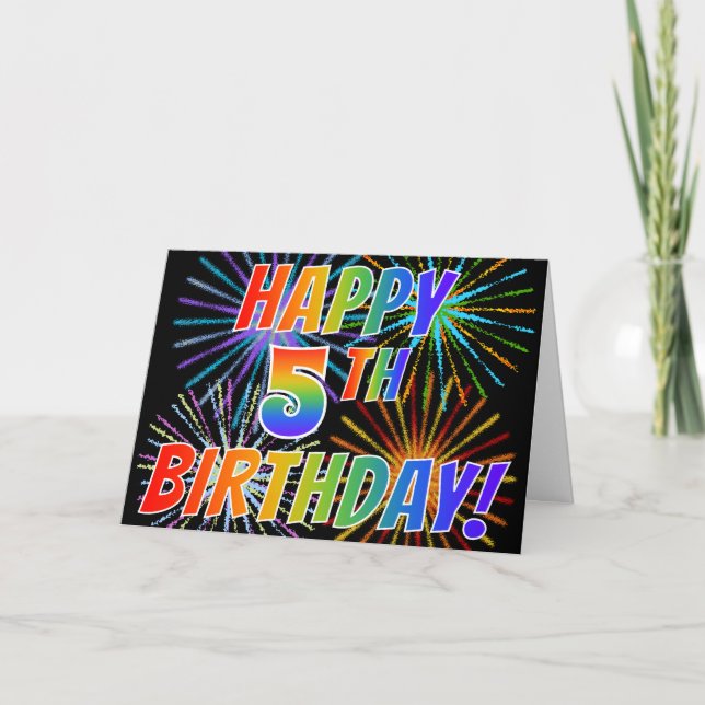 Tarjeta Patrón arcoiris "FELIZ 5 CUMPLEAÑOS!" + fuegos art (Anverso)