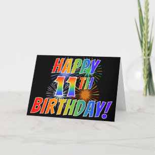Tarjeta Patrón arcoiris "FELIZ CUMPLEAÑOS 11!" + fuegos ar