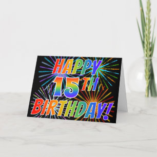 Tarjeta Patrón arcoiris "FELIZ CUMPLEAÑOS 15!" + fuegos ar