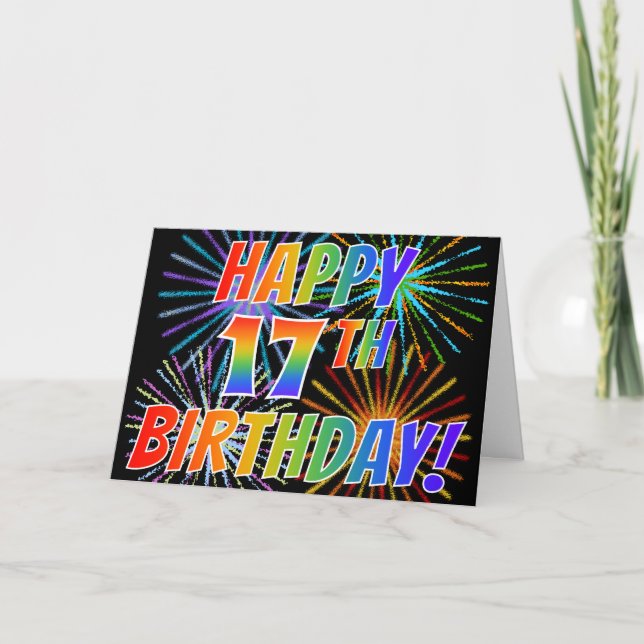 Tarjeta Patrón arcoiris "FELIZ CUMPLEAÑOS 17!" + fuegos ar (Anverso)