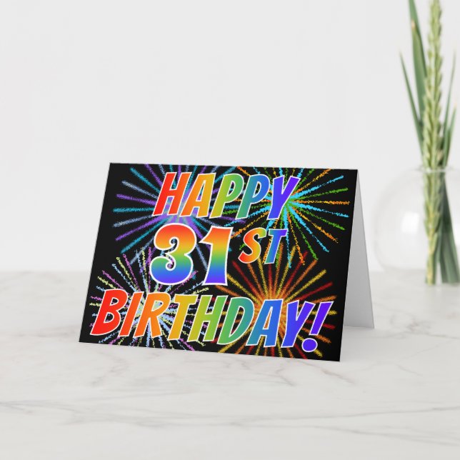 Tarjeta Patrón arcoiris "FELIZ CUMPLEAÑOS 31!" + fuegos ar (Anverso)