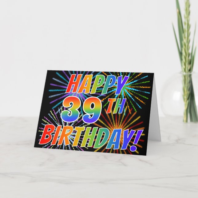 Tarjeta Patrón arcoiris "FELIZ CUMPLEAÑOS 39!" + fuegos ar (Anverso)