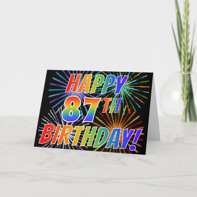 Tarjeta Patrón arcoiris "FELIZ CUMPLEAÑOS 87!" + fuegos ar (Anverso)