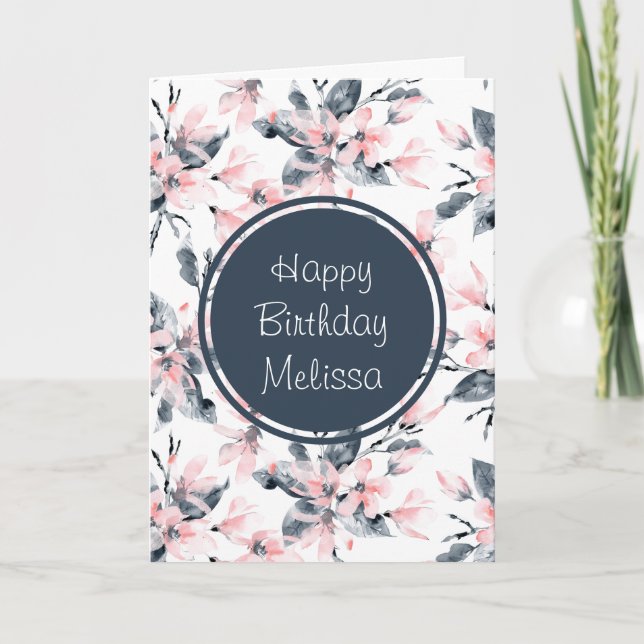 Tarjeta Patrón de acuarela floral rosa y gris cumpleaños (Anverso)