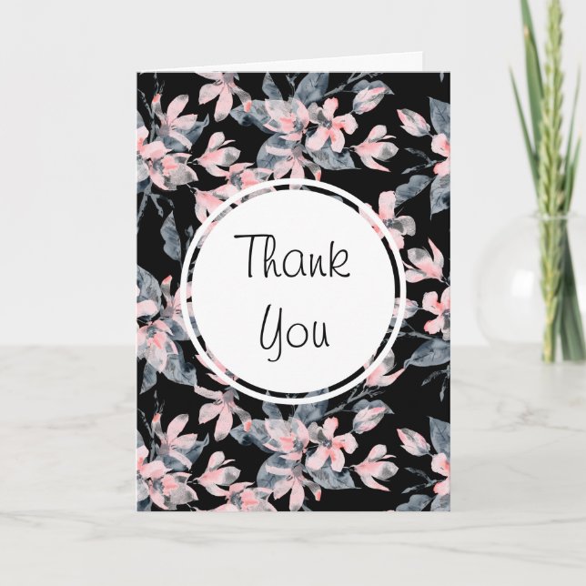 Tarjeta Patrón de acuarela floral rosa y gris gracias (Anverso)