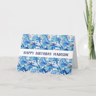 Tarjeta Patrón de acuarela tropical azul brillante