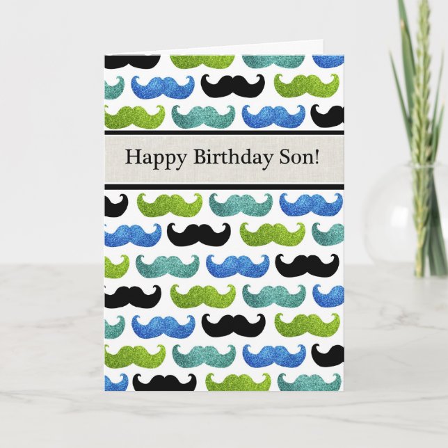 Tarjeta Patrón de bigote azul - Hijo feliz de cumpleaños (Anverso)