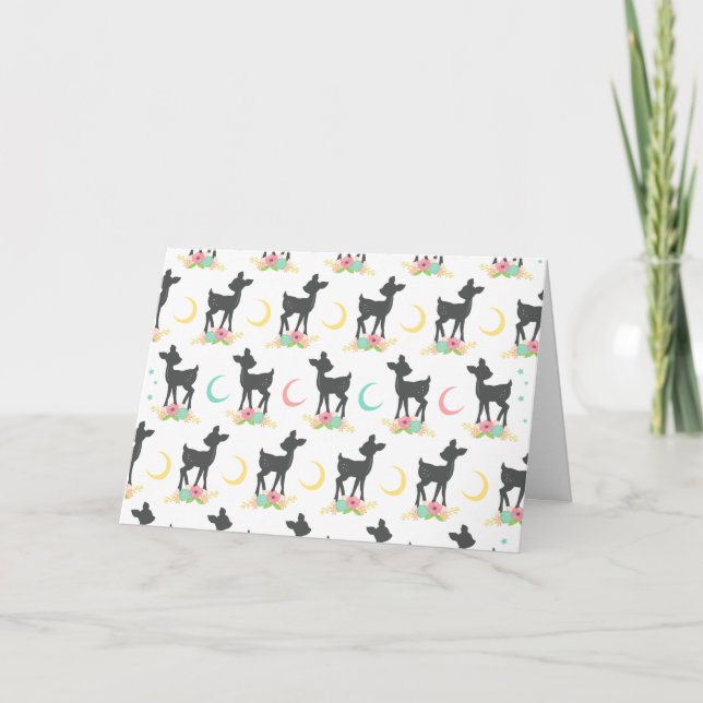 Tarjeta Patrón de ciervos, venado bebé, boho, flores, luna (Anverso)