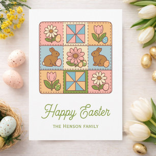 Tarjeta Patrón de colcha de conejo de Pascua feliz lindo