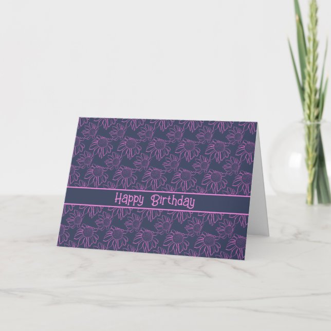 Tarjeta Patrón de flor de línea rosa azul Feliz cumpleaños (Anverso)