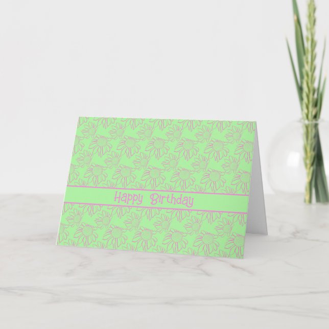 Tarjeta Patrón de flor de línea rosa Verde Feliz cumpleaño (Anverso)