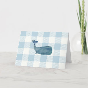 Tarjeta Patrón de Gingham azul de ballena náutica
