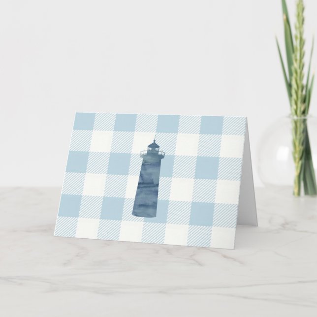 Tarjeta Patrón de Gingham azul del faro náutico (Anverso)