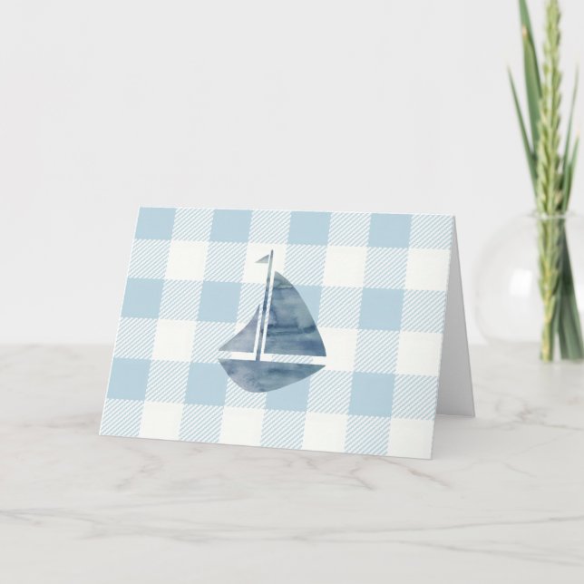 Tarjeta Patrón de Gingham azul en barco náutico (Anverso)