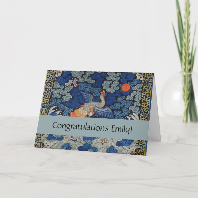 Tarjeta Patrón de grulla china vintage: azul imperial (Anverso)