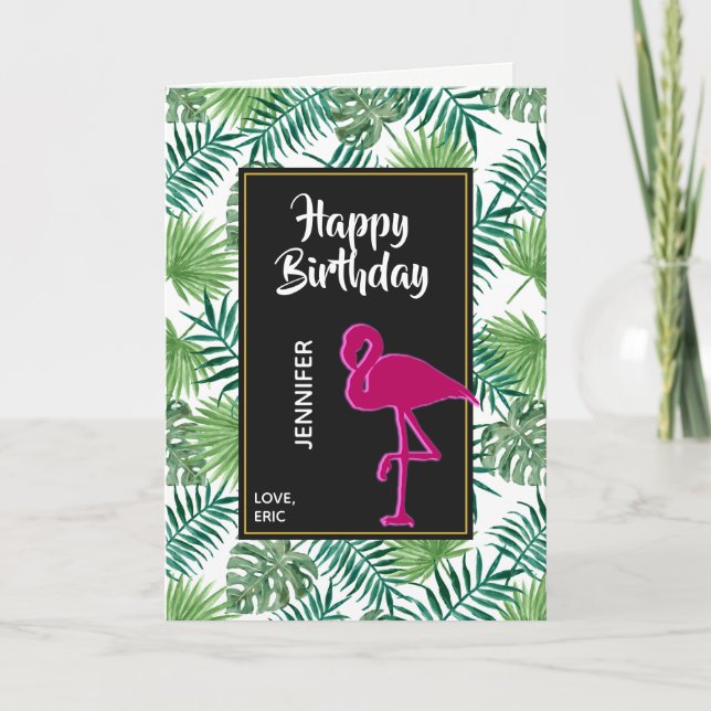 Tarjeta Patrón de hojas tropicales y cumpleaños de flamenc (Anverso)
