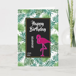 Tarjeta Patrón de hojas tropicales y cumpleaños de flamenc