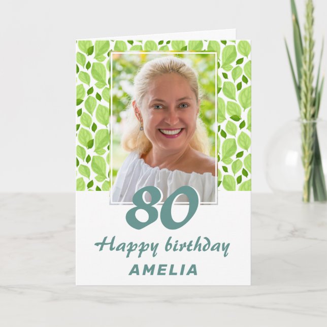 Tarjeta Patrón de hojas verdes Foto botánica de cumpleaños (Anverso)
