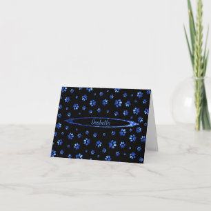 Tarjeta Patrón de pata de perro con purpurina azul Monogra