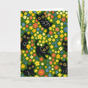 Tarjeta Patrón de prado floral con gatos negros lindos