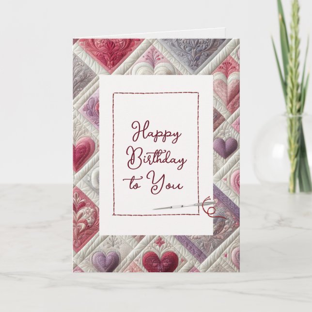 Tarjeta Patrón del corazón feliz de cumpleaños con aguja (Anverso)