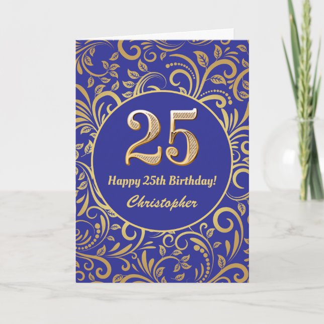 Tarjeta Patrón floral azul y dorado de la Marina de los 25 (Anverso)
