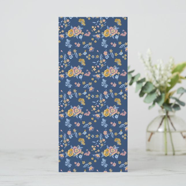Tarjeta Patrón floral de efecto de hilo de fondo azul (Anverso de pie)