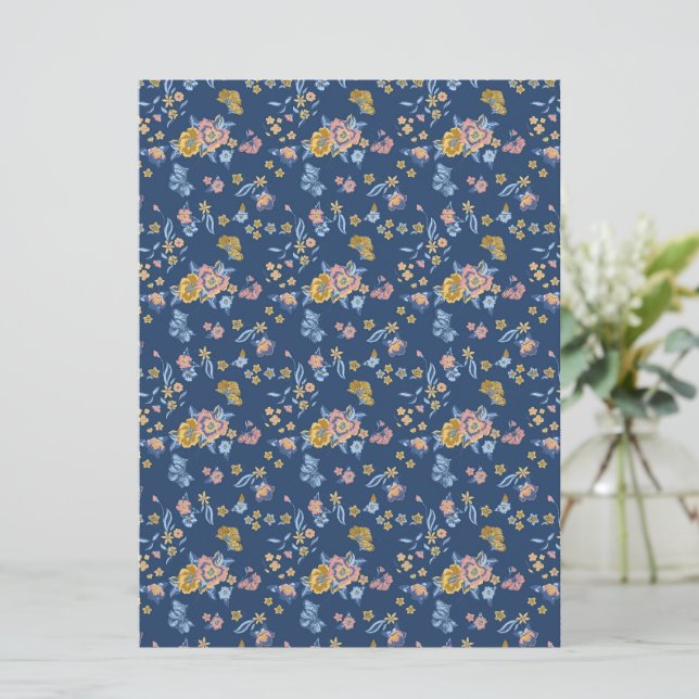 Tarjeta Patrón floral de efecto de hilo de fondo azul (Anverso de pie)