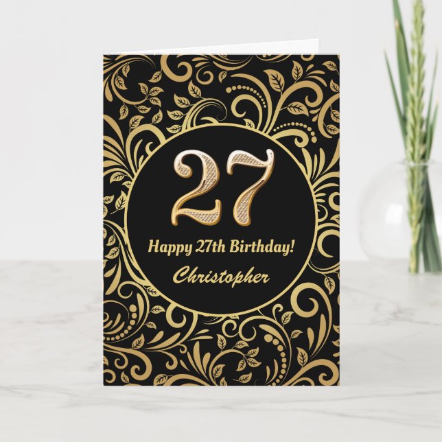 Tarjeta Patrón floral de oro y negro de cumpleaños 27 (Anverso)