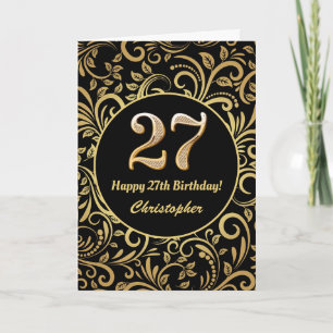 Tarjeta Patrón floral de oro y negro de cumpleaños 27