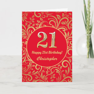 Tarjeta Patrón floral de oro y rojo de cumpleaños 21
