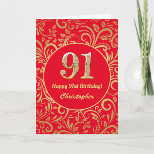 Tarjeta Patrón floral de oro y rojo de la marina de cumple