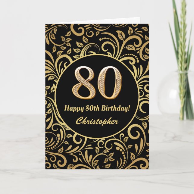 Tarjeta Patrón Floral Negro y Dorado para el 80 Cumpleaños (Anverso)
