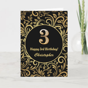 Tarjeta Patrón floral negro y dorado para tercer cumpleaño
