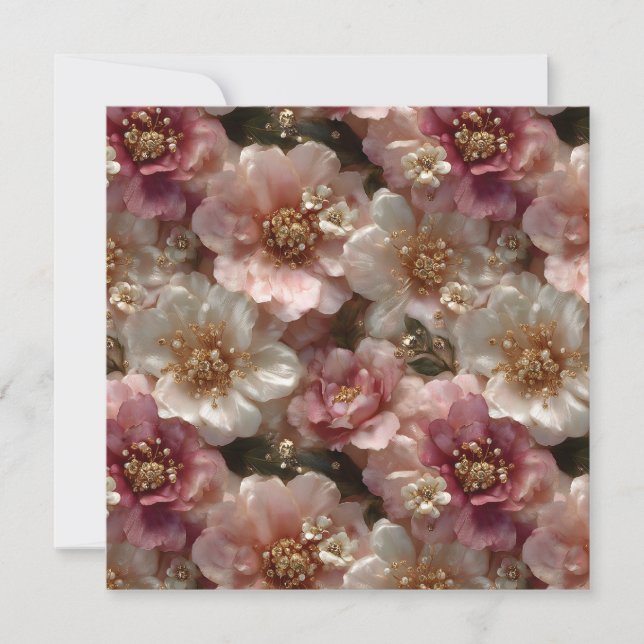 Tarjeta Patrón floral sin brillo de lujo con perlas de oro (Anverso)