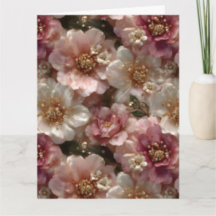 Tarjeta Patrón floral sin brillo de lujo con perlas de oro