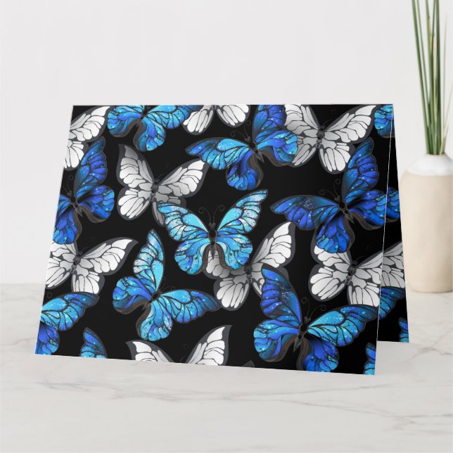 Tarjeta Patrón oscuro sin foco con mariposas azules morfo (Anverso)