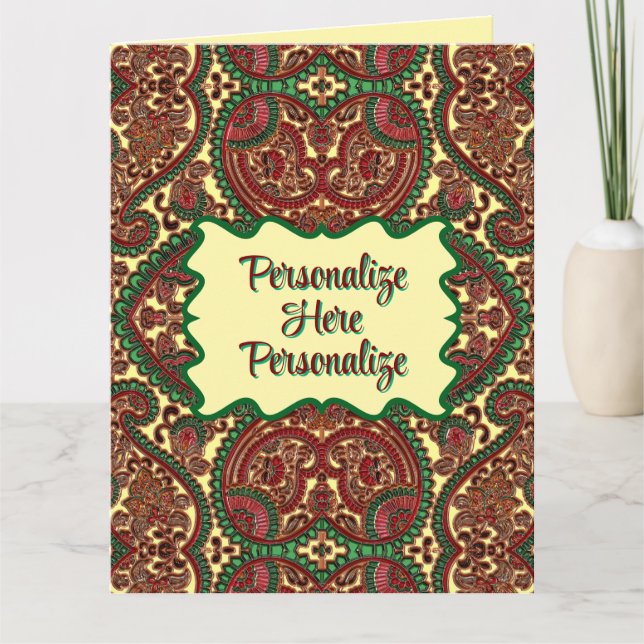 Tarjeta Patrón paisley victoriano elegante oro verde rojo (Anverso)
