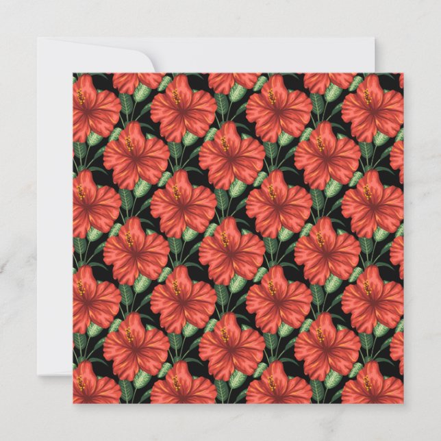 Tarjeta Patrón sin foco Flores rojas tropicales hojas verd (Anverso)