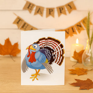 Tarjeta Pavo de Dibujos Animados Azules Divertidos con Plu