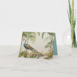 Tarjeta Pavo real con mariposas Feliz cumpleaños