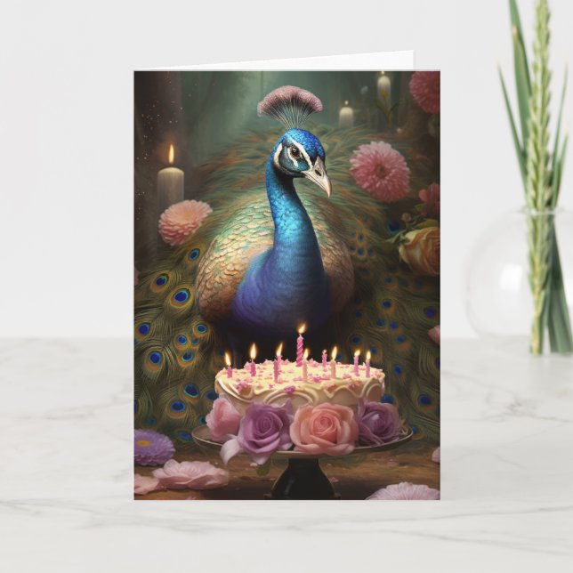 Tarjeta Pavo real con un pastel de cumpleaños (Anverso)